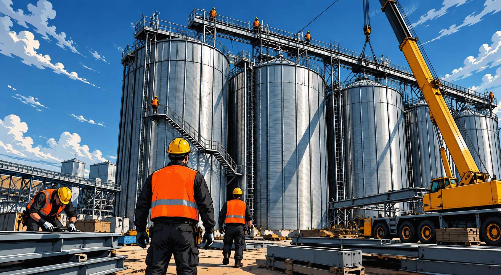 Ilustrație: șantier de montaj silozuri de cereale, cu macara, structuri metalice și echipe la lucru