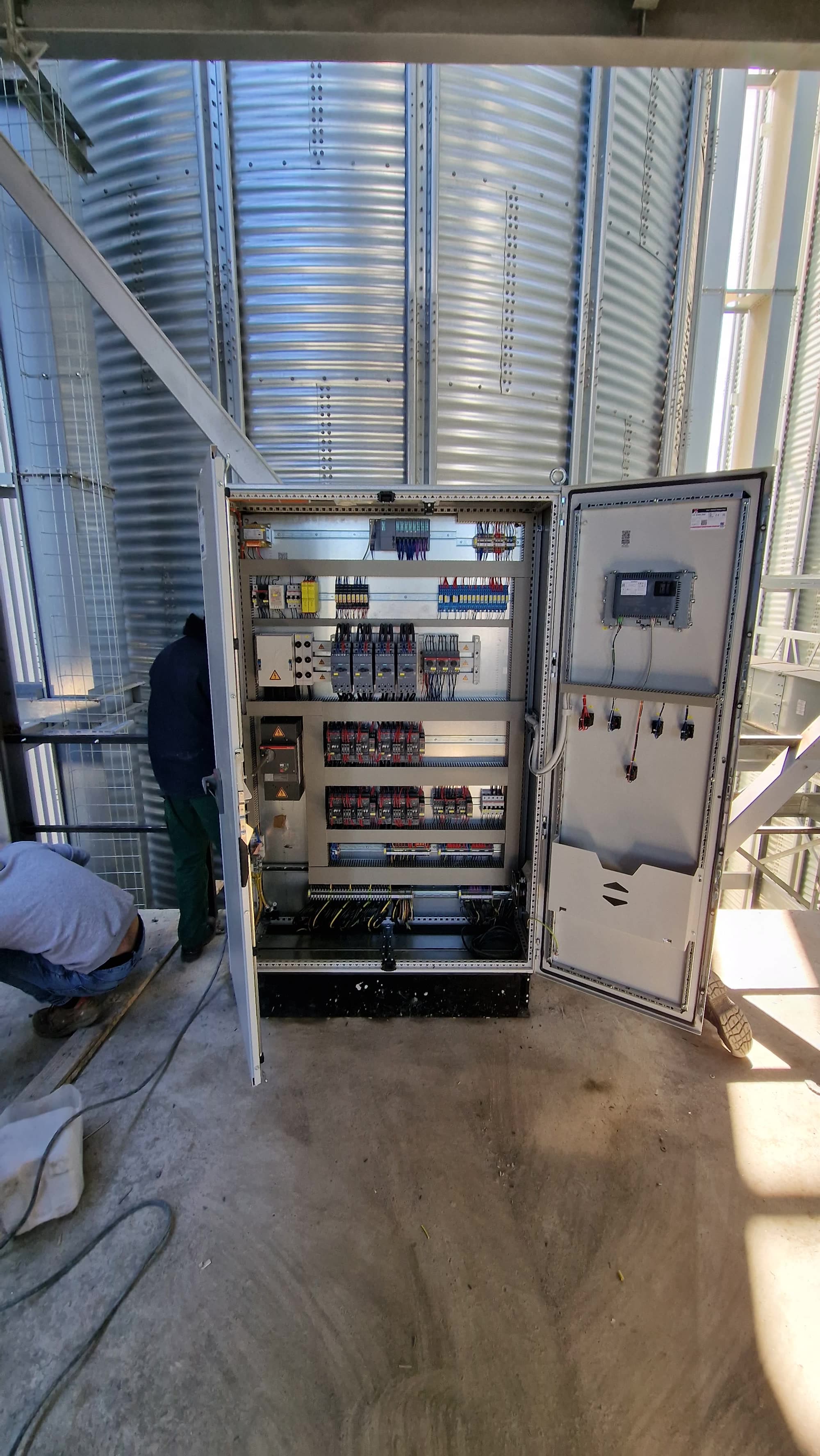 An electrical panel installed in a grain intake facility